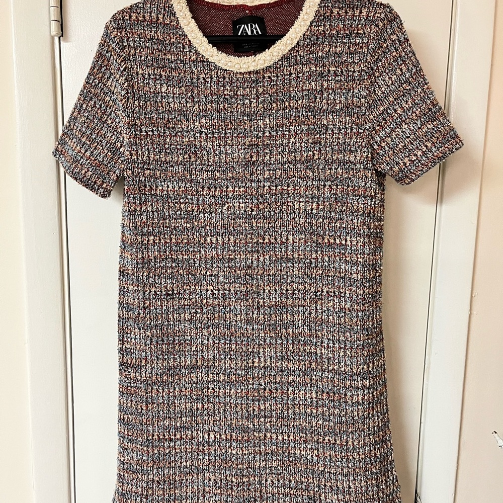 Zara straight shift dress with pearl neckline